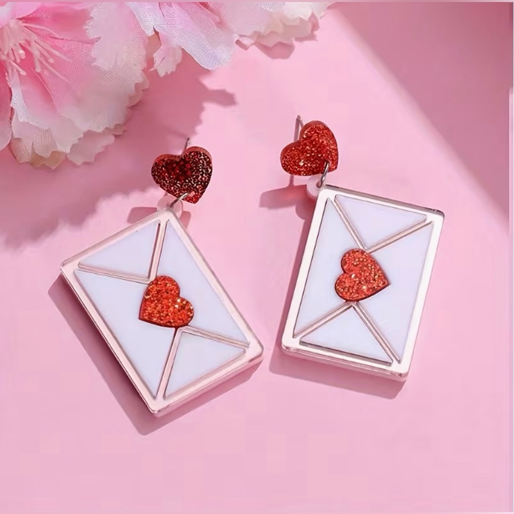 Love Letter Heart Envelope Drop Earrings Modern Valentines Day - Picture 4 of 7